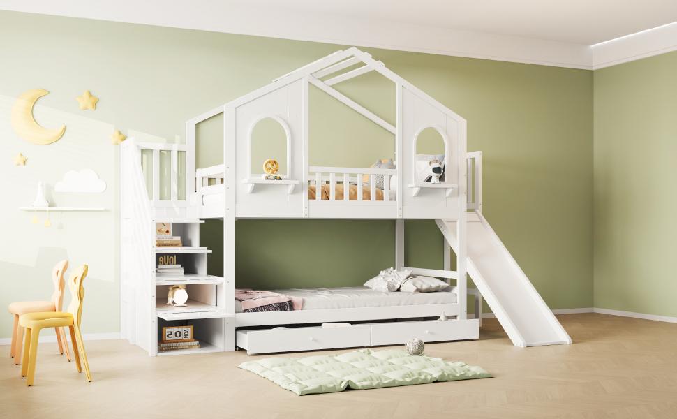 Letto a Castello per Bambini 90 x 200 cm, a Forma di Casa con Finestre Curve, con Scala a Cassetti e Scivolo, Cassetti, Letto Matrimoniale, Bianco