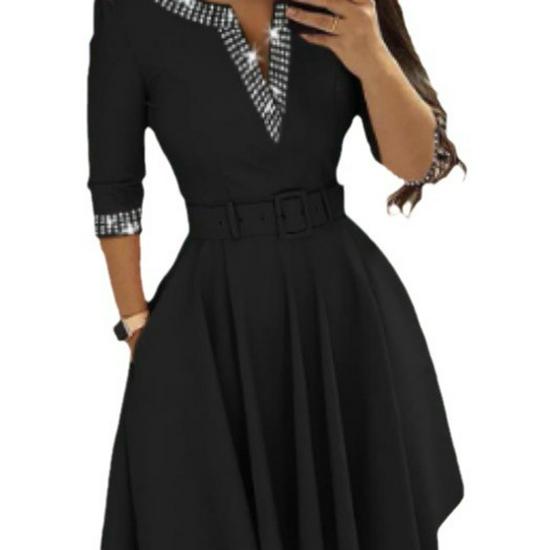 2024 Elegant V-Neck Waist-Hugging Dress with Belt - Autumn/Winter Collection