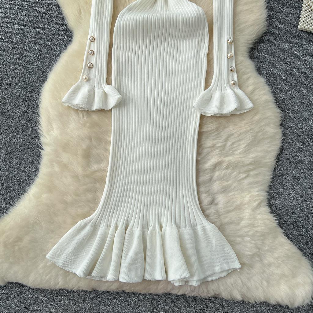Spring Autumn Women Sweet Peter Pan Collar Knitted Sweater Long Midi Slim Mermaid Dresses