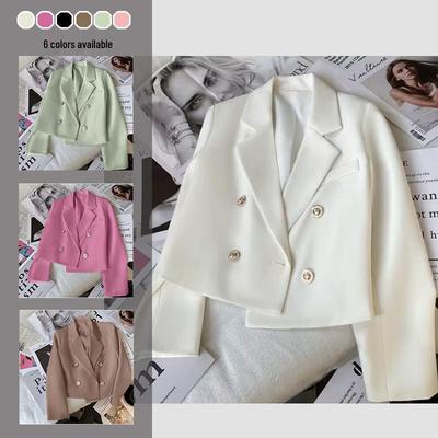 Blazer Branco Slim Fit Feminino com Abotoadura Dupla, Cintura Alta, Manga Comprida, Terno Curto para Primavera/Outono 2024, Temperamento Petite.