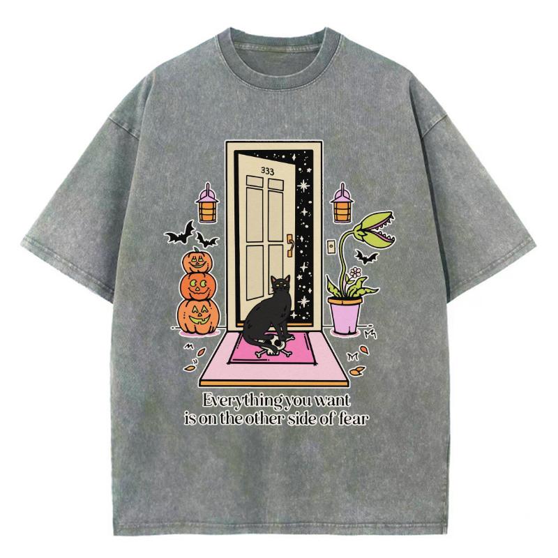 Halloween Pumpa Demon Tryck Dam T-shirt Tvättad Denim Casual Retro Lös Kortärmad Holiday Wear Kläder