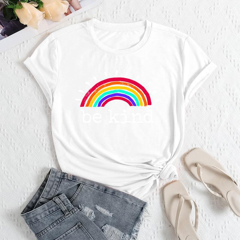 Sommer Damen Regenbogen Buchstaben Print Locker Rundhals Lässig Reine Baumwolle Kurzarm T-Shirts Damen