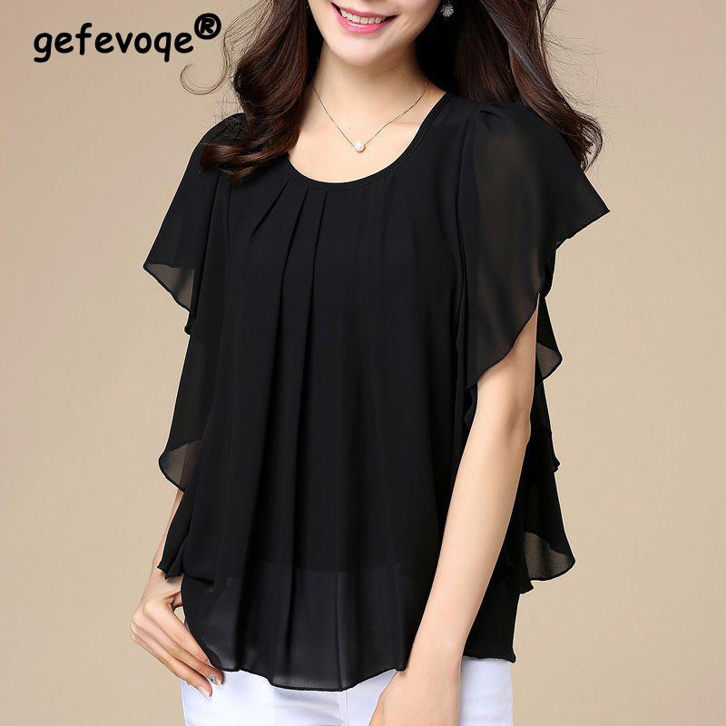 

Летняя Новая Модная Повседневная Блузка Оверсайз Плиссированная Однотонная Шифоновая Женская с Коротким Рукавом Свободная Универсальная Пуловер Топ Женский 2XL чёрный