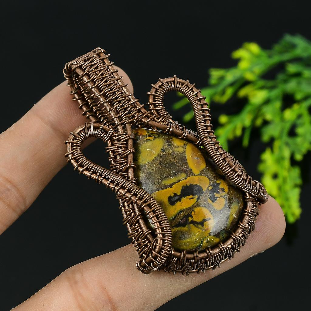 Natural Bamboo Jasper Gemstone Handmade Copper Wire Wrap Pendant 2.25 Z0g81