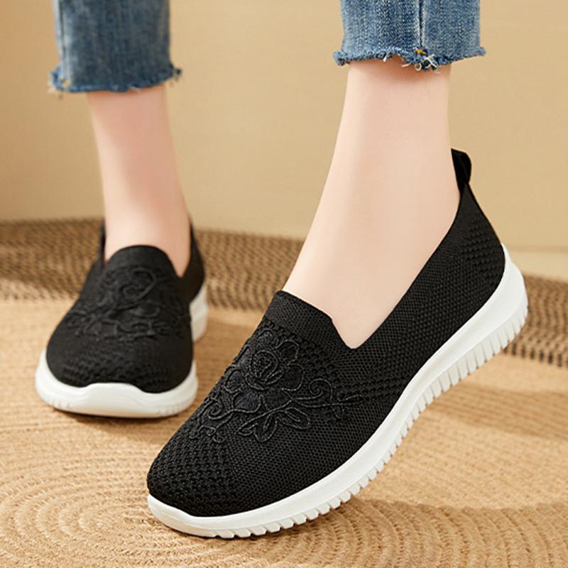 Lightweight Embroidery Knitted Sneakers for Women Slip On Breathable Mesh Walking Shoes Woman Comfortable Soft Sole Casual Shoes