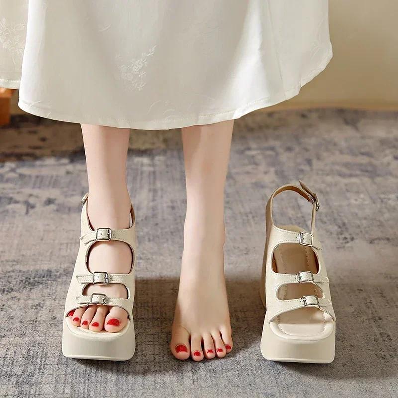Roman Slope Heel Sandals for Women 2024 Summer New Hollow Thick  Open Toe Casual One Line Buckle High Shoes Sandalias Mujer 2024