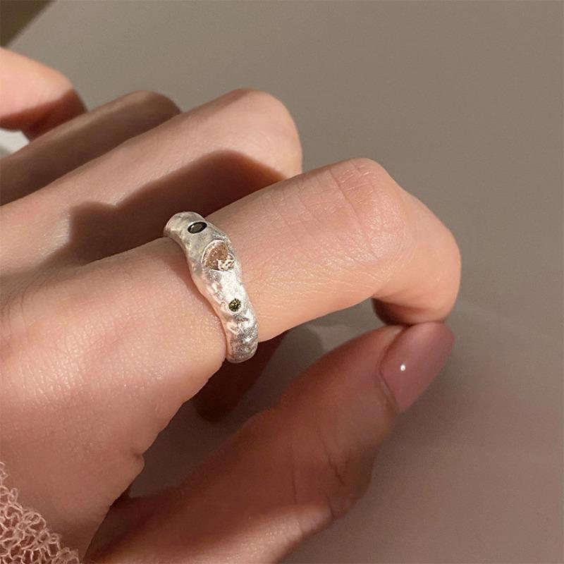 New Sweet Personality 925 Silver Adjustable Irregularly Texture Heart-shaped Pink Crystal Ring for Woman Korean Jewelry