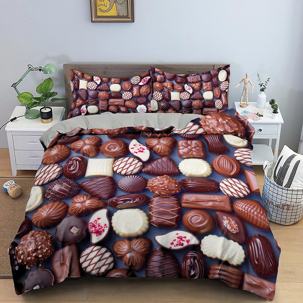 French Macaron Chocolate Print Bedding Set Colorful Duvet Cover 3D Print Comforter Cover Dessert Food Girls Bed Linen 3pcs Queen