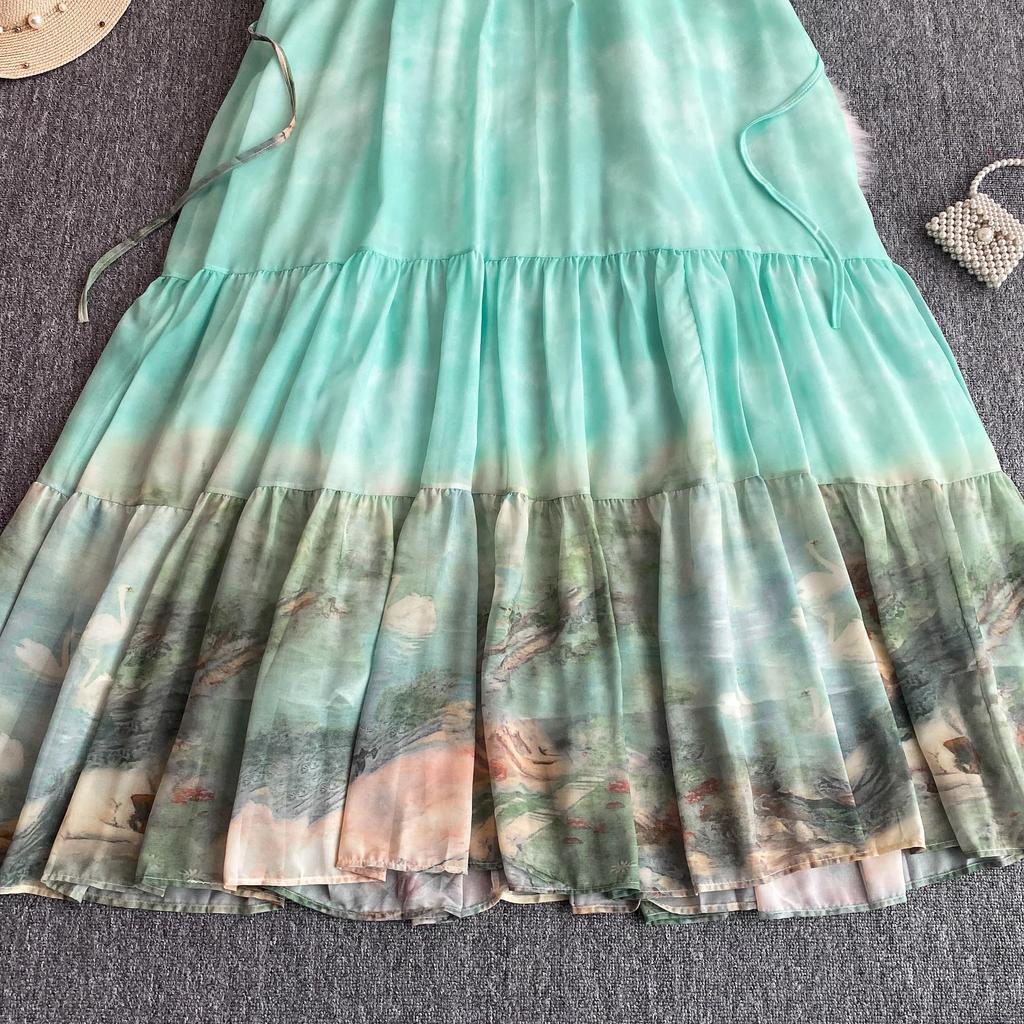 Temperament Stehkragen Kurze Flare Ärmeln Kleid Frauen Hohe schlanke Taille Robe 2024 Neue Tinte Printr schnüren up Frau Kleider