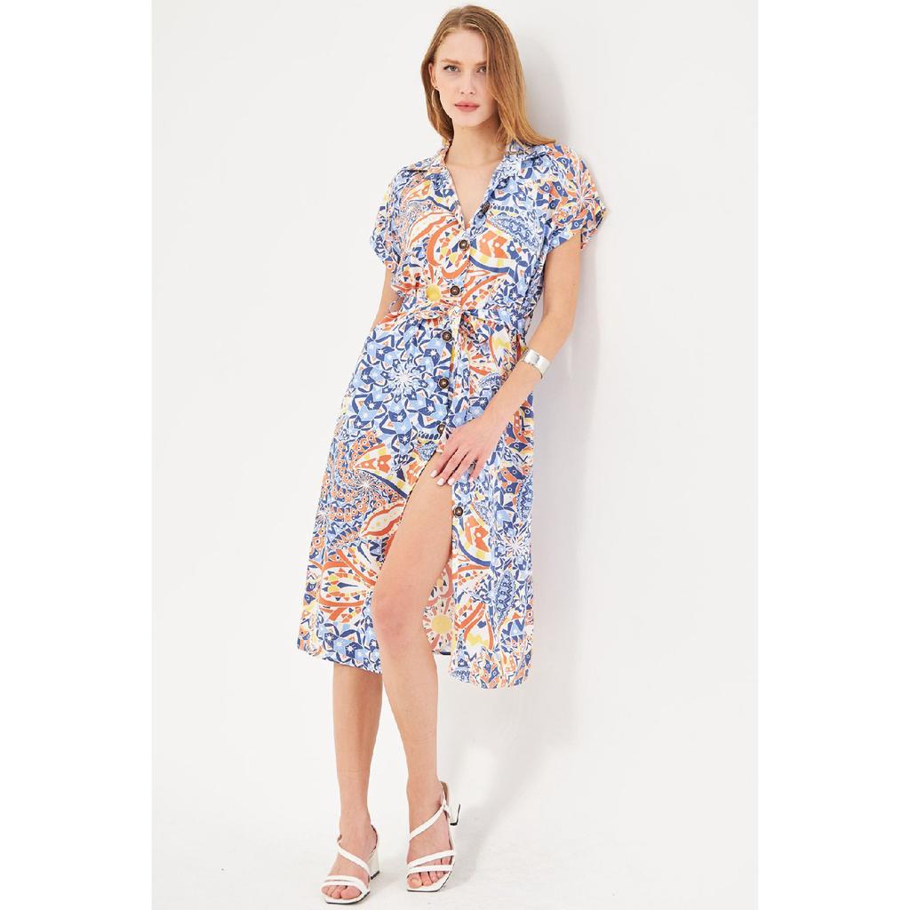 Women's Navy Blue Big Floral Belted Short Sleeve Shirt Dress Arm-22y001007