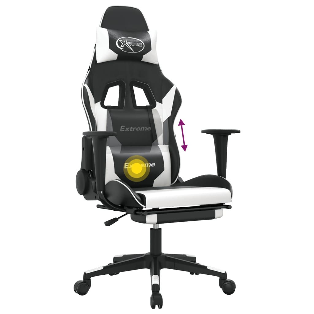 Gaming Chair with Massage Function & Footrest Black & White PU Leather