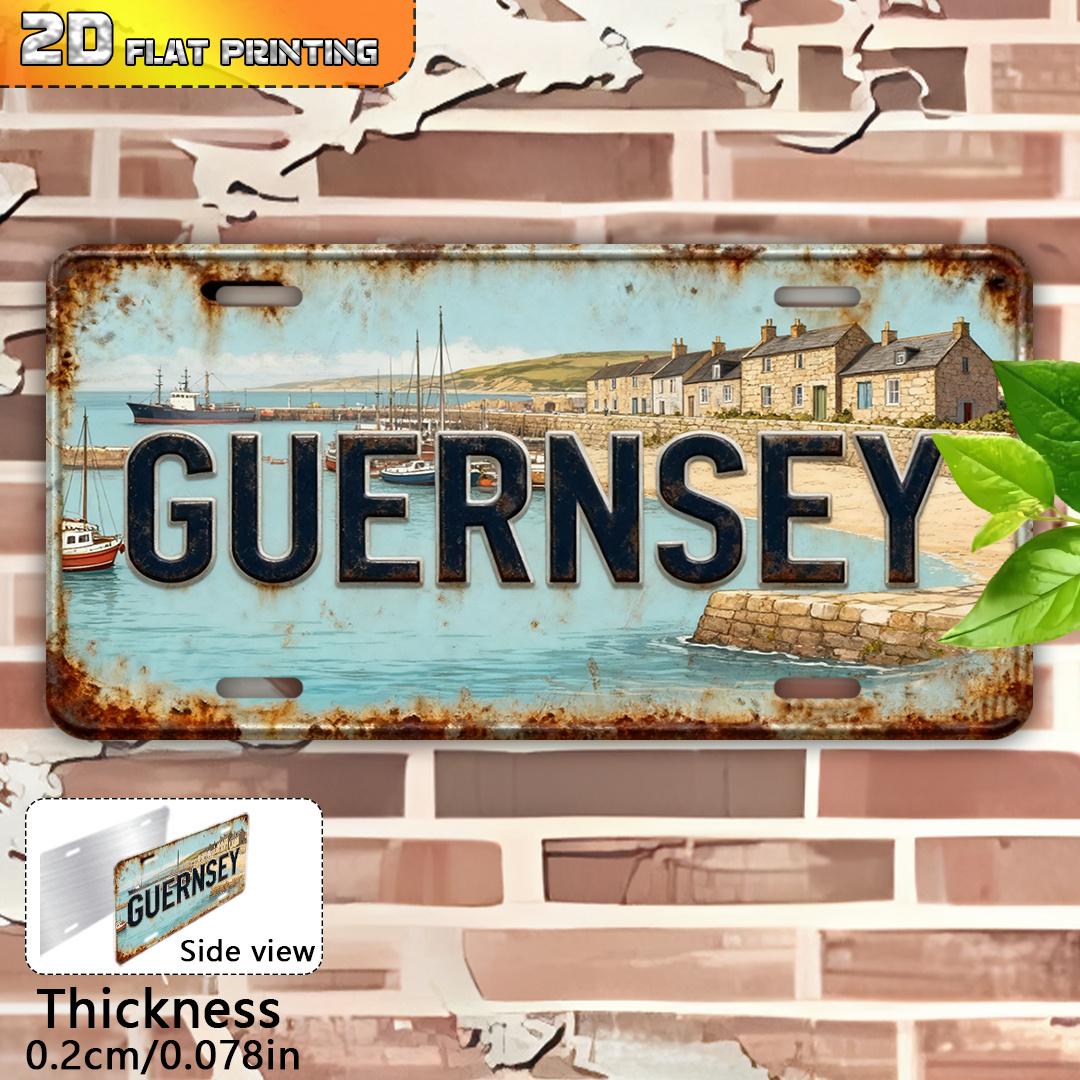 D Flat Vintage Guernsey Port Aluminum Sign Heavy Wall Art with Channel Islands Map British Coast Decorative Sign 15x30cm(5.9x7.8inch)