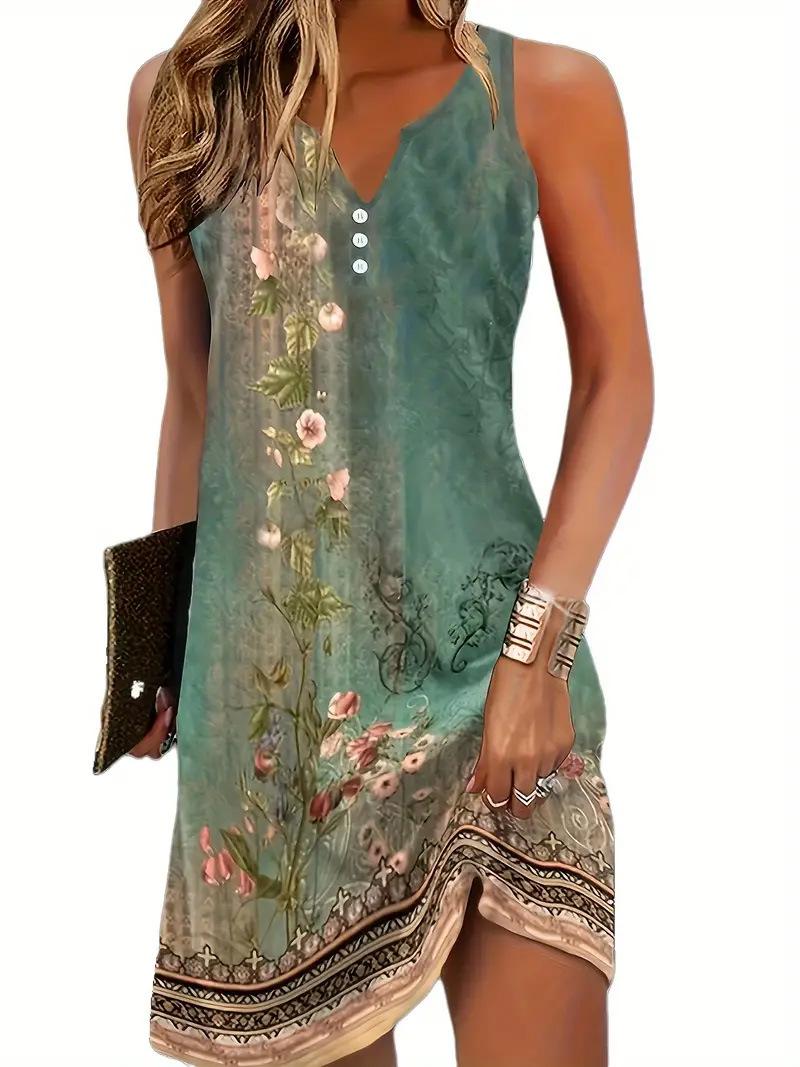 Summer V-Neck Printed Button Suspender Beach Vacation Style Slim Fit Dress Women s Clothing S