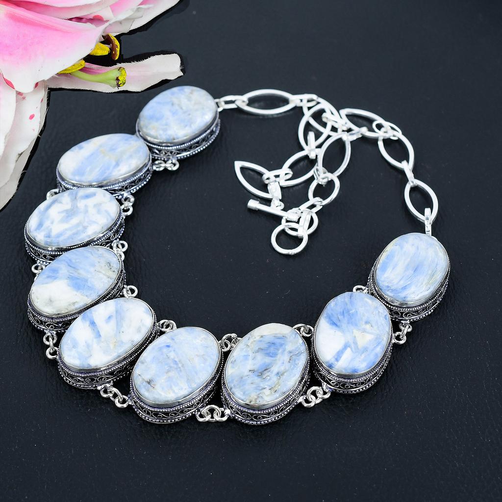 Blue Kyanite Gemstone Handmade 925 Sterling Silver Jewelry Necklace 18" KG-1638