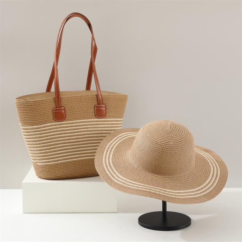 Set Cappello di Paglia e Borsa Tote Con Protezione Solare per Spiaggia e Attività all'Aperto