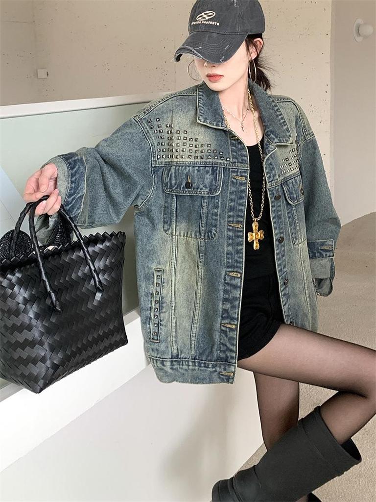 2025 Autumn Spicy Girl High-End Rivet Long-Sleeve Denim Jacket for Women