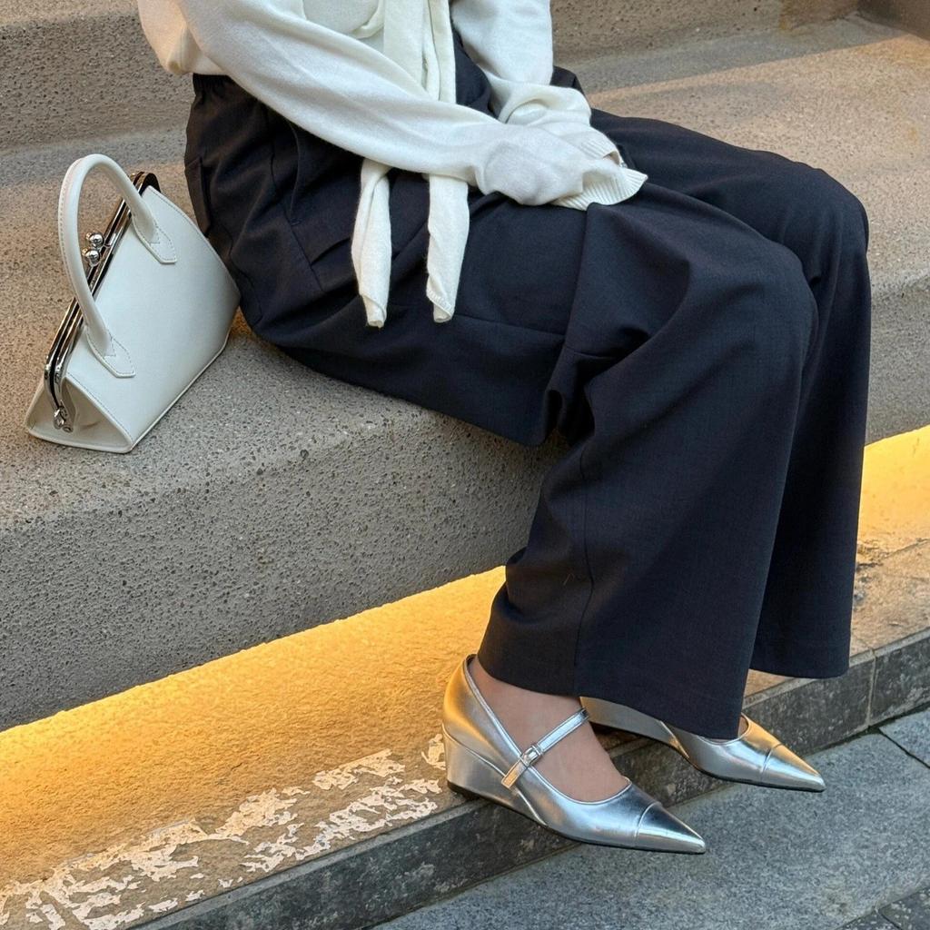Cowhide version~ French leather wedge high heels women's thick heel platform silver Mary Jane single shoes pointed shoes ladyshoes