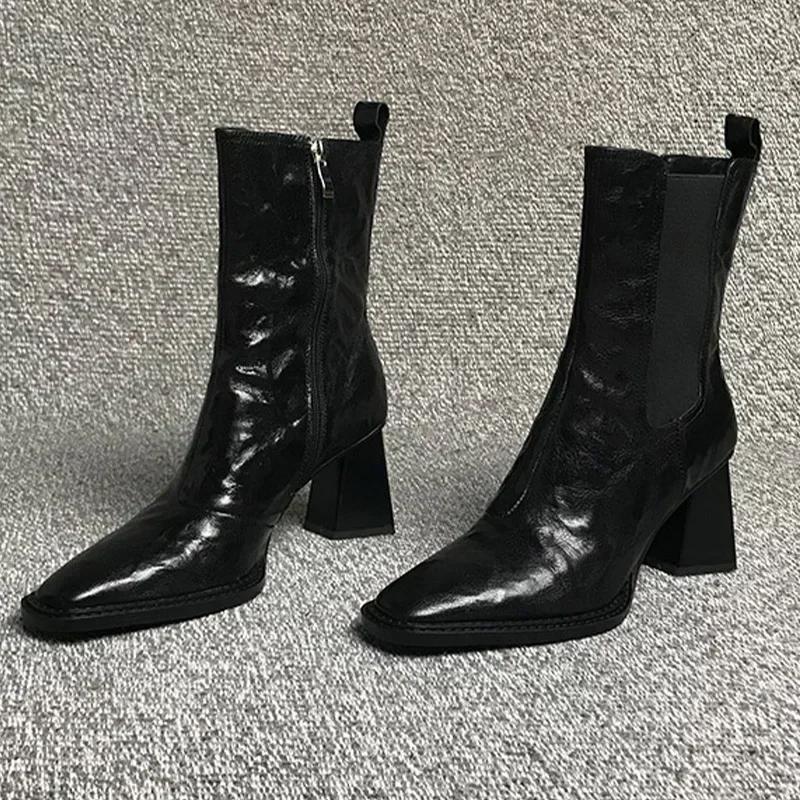High Heels Ankle Boots For Women Fashion Solid Color Stitching Comfortable Thick Heel Square Toe Sleeve Short-Tube Chelsea Boots