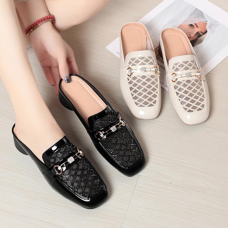 Fashion Lady Elegant Black Pu Soft Leather Spring Slip On Square Heel Shoes For Spring Summer Luxury Brand Hollow Breath Solid Shoes