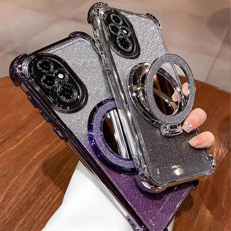 Luxury Mirror Holder Bling Glitter Silicone Phone Case for iPhone 16e 16 15 14 Pro Max Redmi Note 13 12 Pro Samsung S25 S24 Plus A05 A06 A14 A15 A16