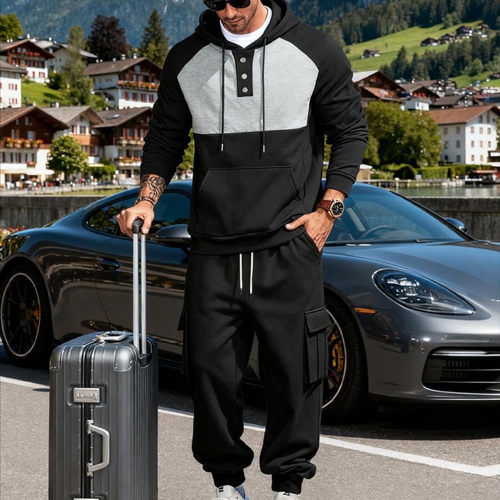 Lässiger Sportanzug für Herren: Kapuzen-Sweatshirt mit Kordelzug, Knopfleiste und Farbblockdesign mit Jogger-Taschen
