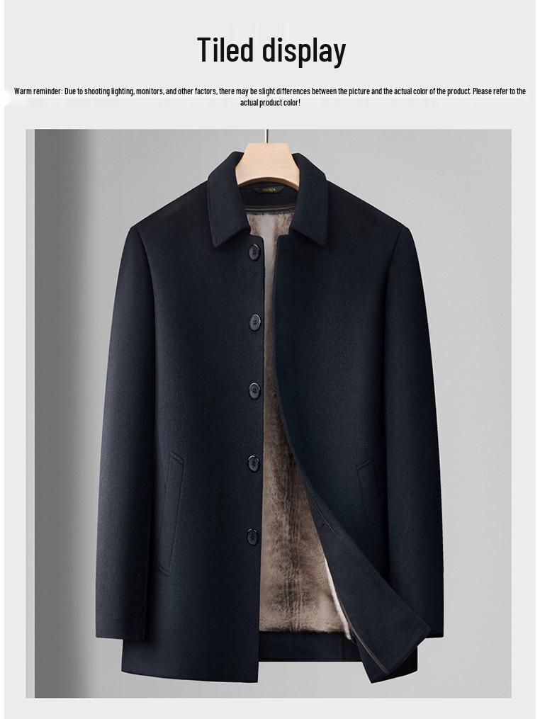 Men's Mid-Length Woolen Winter Coat with Plus Velvet for Middle-Aged and Elderly, Thickened Windbreaker Jacket.