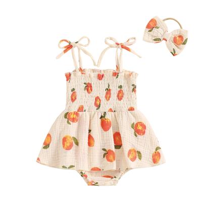 Baby Girls Summer Romper Dress Sleeveless Peach Print Cami Playsuit with Headband