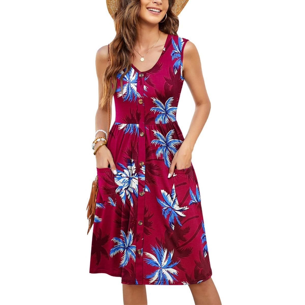 Summer Cross-border Women s Sleeveless Casual Loose Mid-length Dress With Pockets And Buttons S