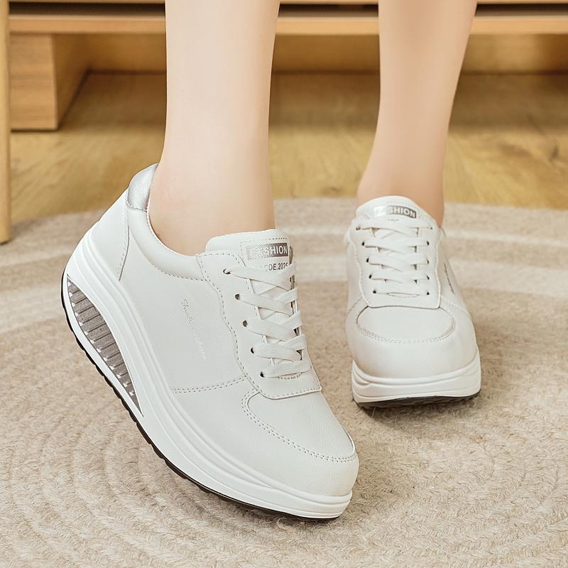 Women Platform Casual White Leather Elevator Shoes Thick Sole Height Increase Sneakers