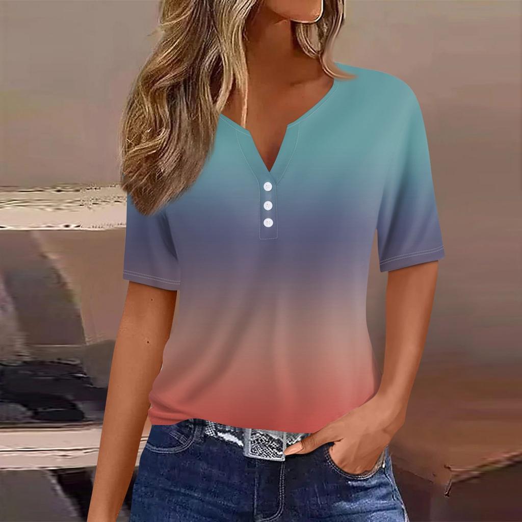 Women's T Shirt Tee Printed Button Short Sleeve Tunic Daily Weekend Fashion Basic V- Neck Regular Top