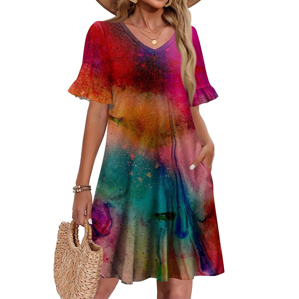 Damen A-Linie Sommerkleid Kurzarm V-Ausschnitt Bedrucktes Kleid Mit Taschen