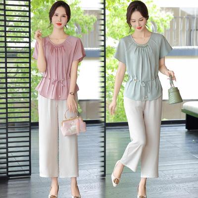 2026 Summer Chiffon Shirt Set for Mom: Elegant Short-sleeved Top for Middle-aged Women
