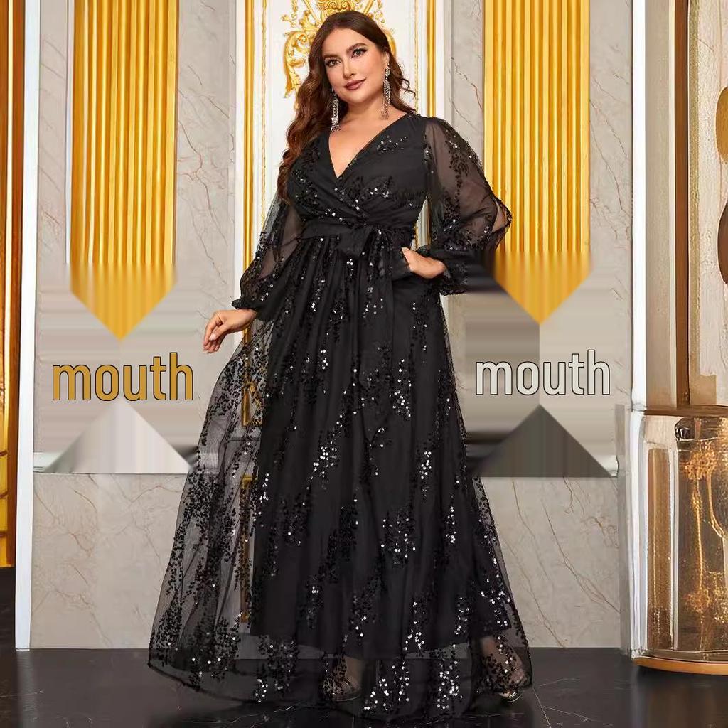 Damen Übergröße Pailletten Blumen Abendkleid mit Laternenärmeln und V-Ausschnitt