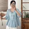 Johnature Spring Print Floral Shirts Women V-Neck Half Sleeve Tops Belt Loose Chinese Style Women Shirts