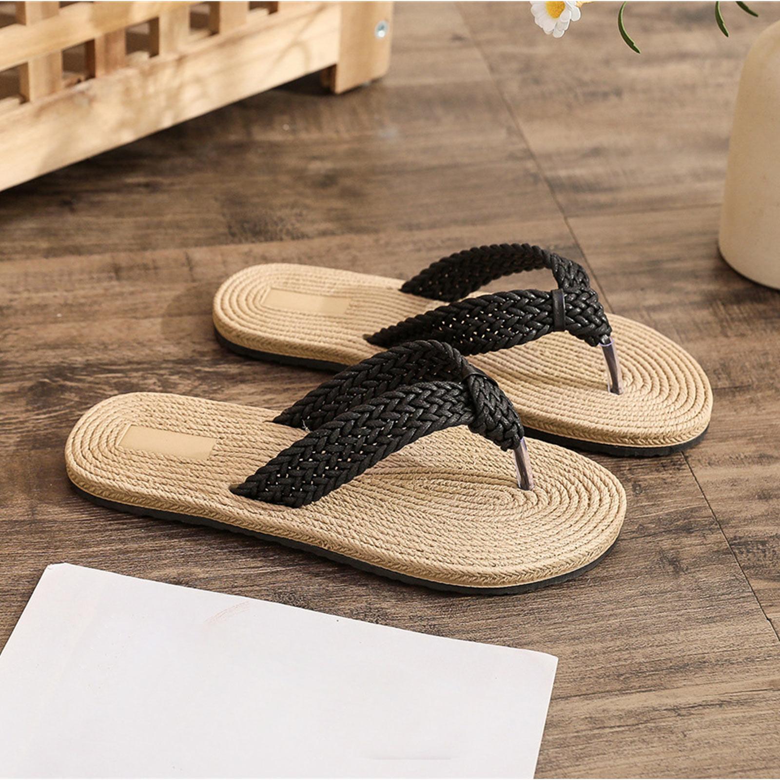 Женские пляжные шлепанцы с плоской подошвой из имитации пеньковой веревки 41 чёрный 727₽