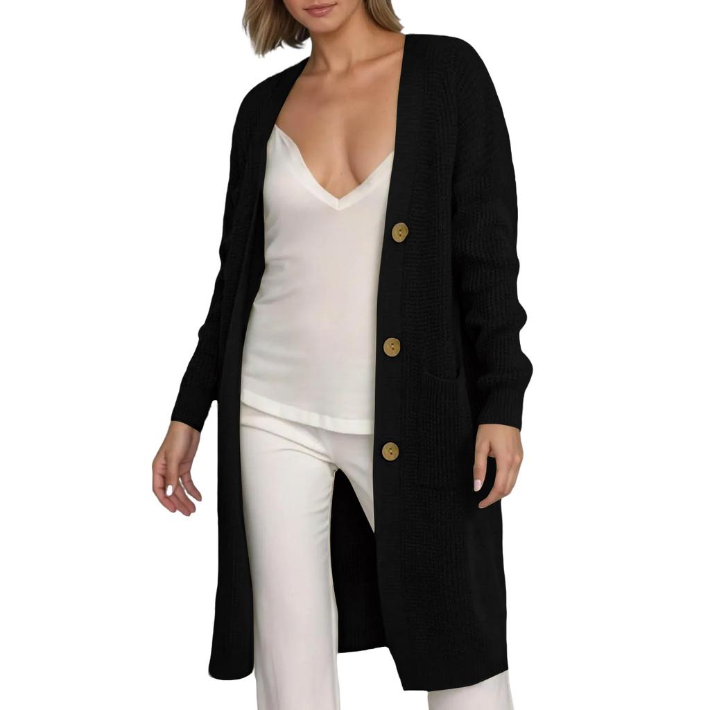 Women's Solid Color Long Sleeved Knee Length Knitted Cardigan, Lazy Trend, Medium Long Hair Jacket