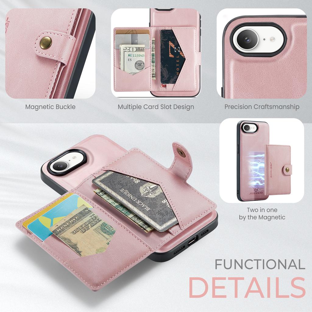 For iPhone 16e Case JEEHOOD J01 Retro Leather Phone Back Cover with Detachable Magnetic Card Holder