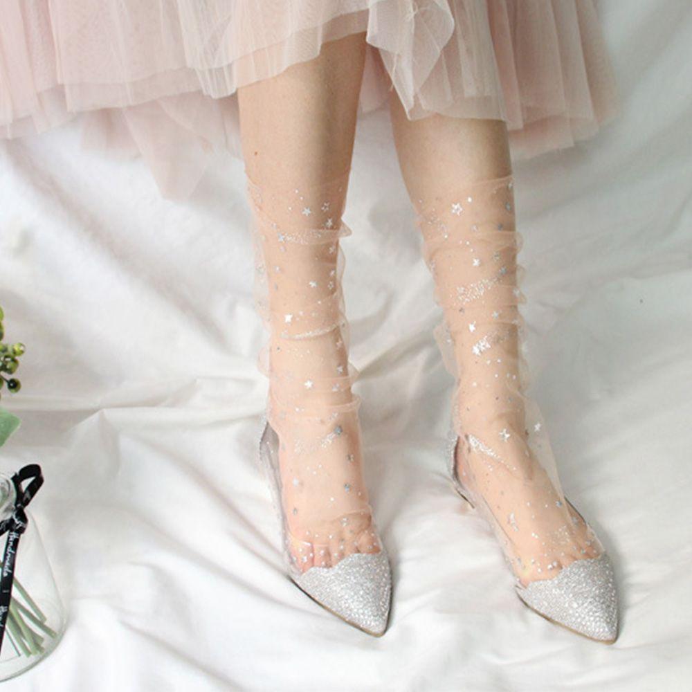 Spring Candy Colors Mesh Glitter Women Shiny Stars Transparent Hosiery Fishnet Socks Women Socks