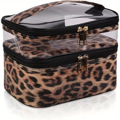 Leopardenmuster PVC Transparent Doppelschichtige Make-up-Tasche Große Kapazität Wasserdichte Kulturtasche Tragbare Kosmetik-Aufbewahrungstasche