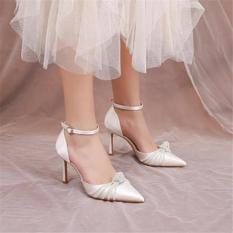Luxusní perlový řetízek Vysoký podpatek Dámské boty Sexy lodičky Špičaté Stiletta Elegantní šaty Svatby Svatební párty boty Bílé