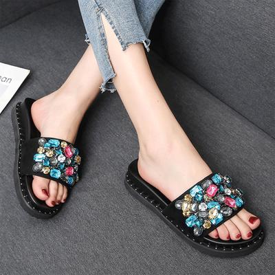 Fashion Colorful Rhinestone Shoes Ladies Summer Open Toe Slippers Thicken Soled Flats Sandals Women Rivet Slides Casual Slip On Babouche