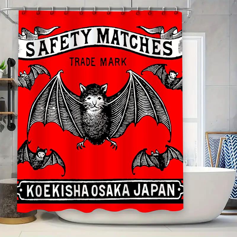 

Black Bat Safety Matches Shower Curtain Red Halloween Decorations for Bathroom Waterproof Fabric Customized Size 175x180cm 90x180cm