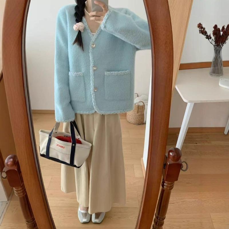 Imitation mink velvet knitted cardigan autumn and winter new V-neck temperament loose sweater jacket women