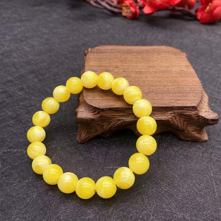 Fluorescent Amber Beeswax Unisex Beaded Bracelet with Flower Pattern, Chicken Fat Yellow, Salt Water Floating, Second Generation Buddhist Design