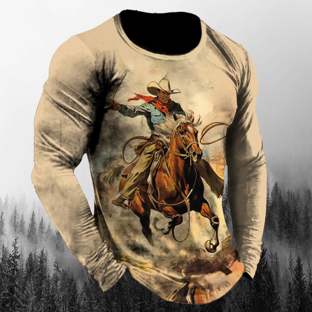 

Вінтажна осіння вестсайдська ковбойська футболка з круглим вирізом, повсякденна футболка з довгим рукавом, великі футболки, модні топи, трендовий чоловічий одяг 4XL