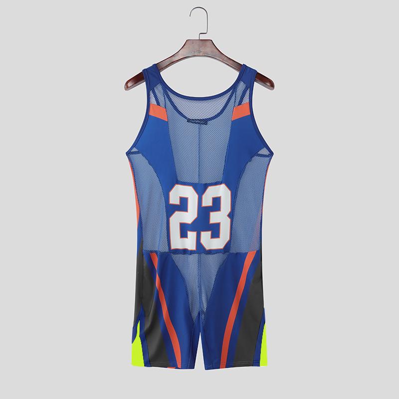 INCERUN Herren Ärmellos Buchstabe Netz Durchsichtig Patchwork Figurbetont Bodysuits Einteiler Jumpsuits Unterwäsche 3XL blau