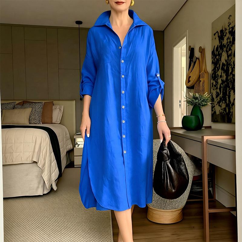 2026 Spring New Women's Fashion European & American Foreign Trade Fashionable Elegant Loose Solid Color Lapel Single-Breasted Dress