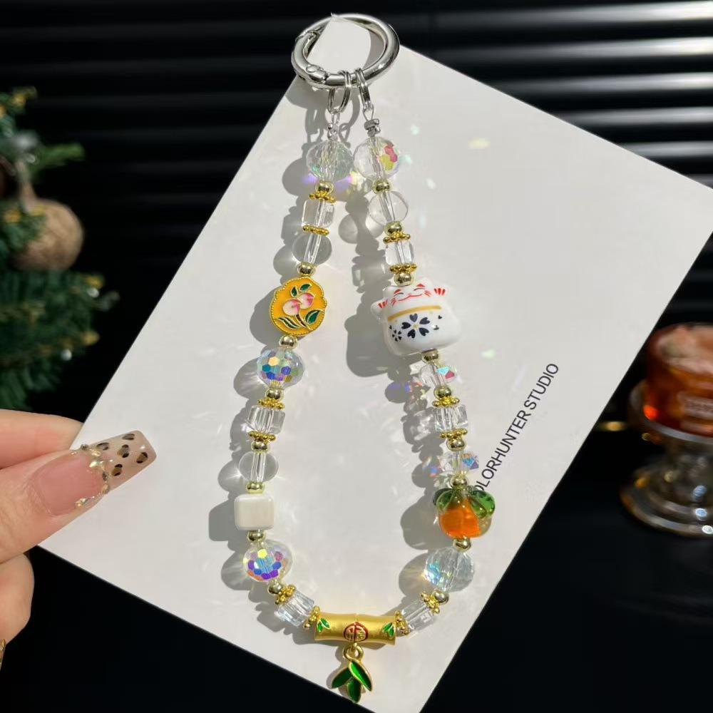 New Lucky Cat Persimmon Mobile Phone Lanyard: Chinese Style Glazed Crystal Charm for Phones, Bags, and Keyrings
