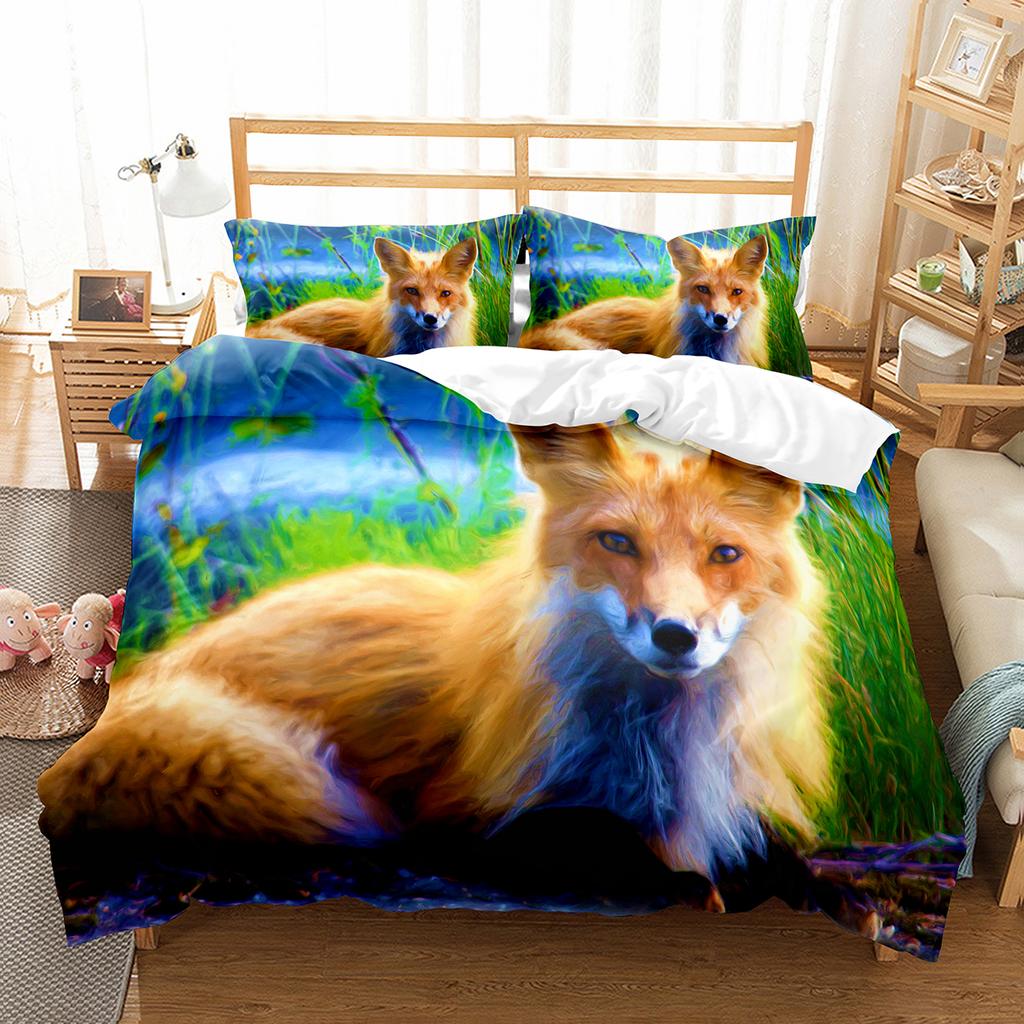 Fox Duvet Cover Set Cartoon Cute Fox Polyester Comforter Cover King Queen Full Size For Kid Boy Girl Bedding Set With Pillowcase