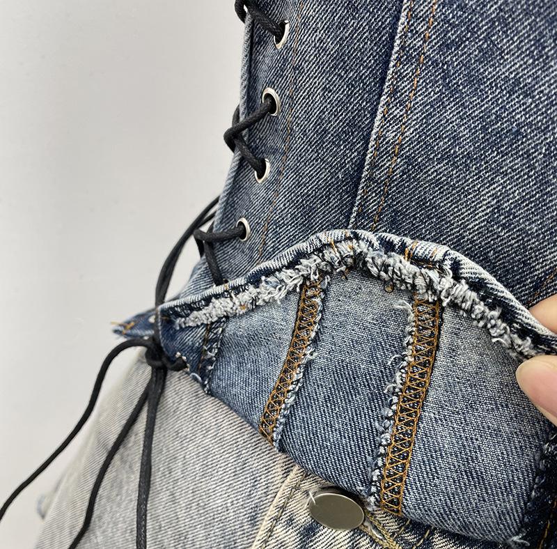 Denim Halter Crop Top: Punk Lace-up Sleeveless Slim Fit